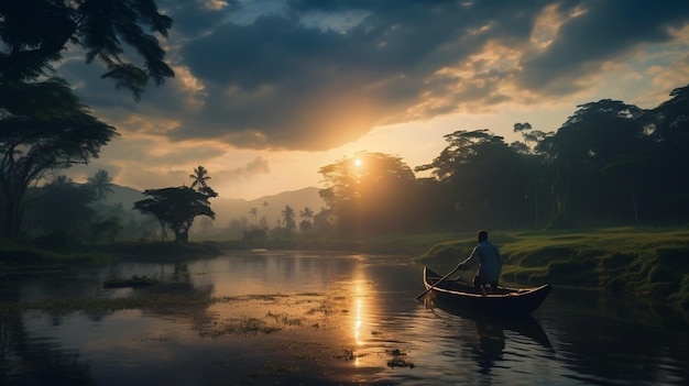 A man is rowing a boat on a river in the morning.