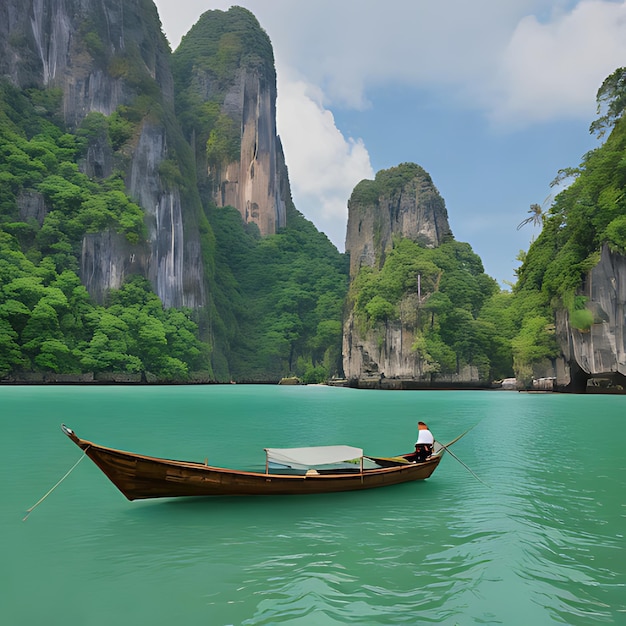 a man is rowing a boat in the water with a boat in the background