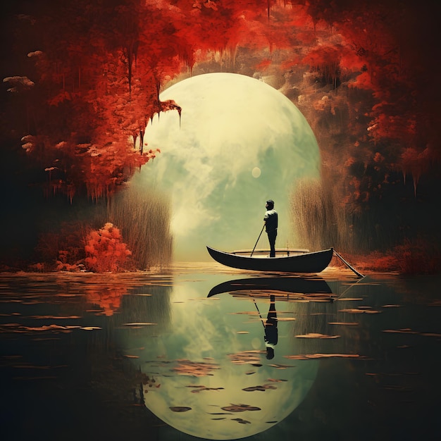 男性が水中でボートを漕いで背景に満月が映っています