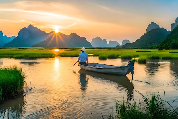 A man is rowing a boat with a sun setting behind him