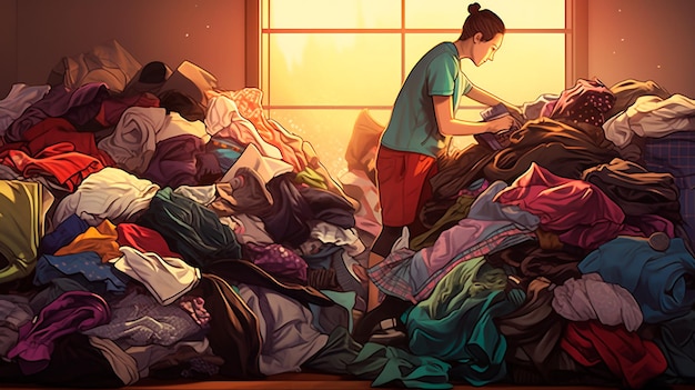 A man is rummaging through a pile of dirty laundry Generative AI