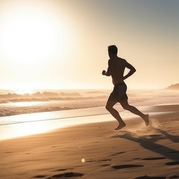 A man is running on the beach with the sun shining on him.