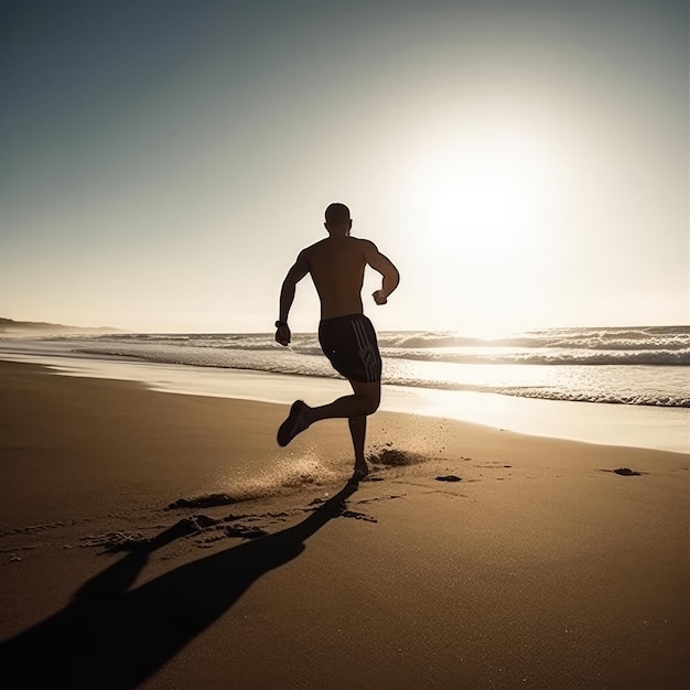 A man is running on the beach with the sun shining on him.