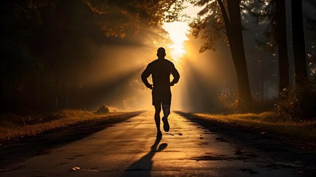 A man is running on a dry road in the forest While the sun is rising The weather should be cool It r