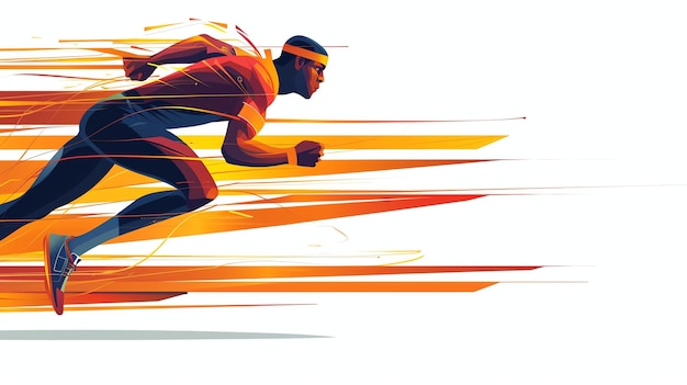 A man is running fast He is wearing a red and blue uniform The background is white with orange and yellow lines