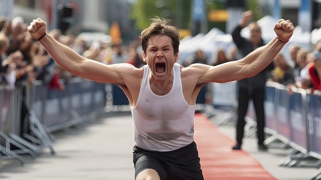 A man is running with his arms up and his mouth open.