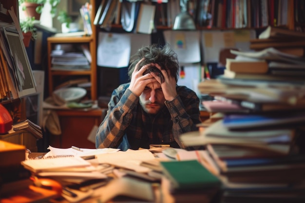A man is seated at a cluttered desk surrounded by numerous papers and documents An individual feeling overwhelmed with work in a home setting AI Generated