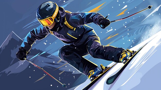 Man is seen riding skis down snowcovered slope This image can be used to depict winter sports and outdoor activities