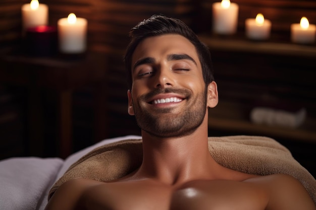 Foto si vede un uomo sorridere mentre giace comodamente a letto mentre si gode un rilassante massaggio termale generato dall'intelligenza artificiale