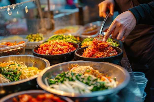 A man is serving food from a variety of bowls