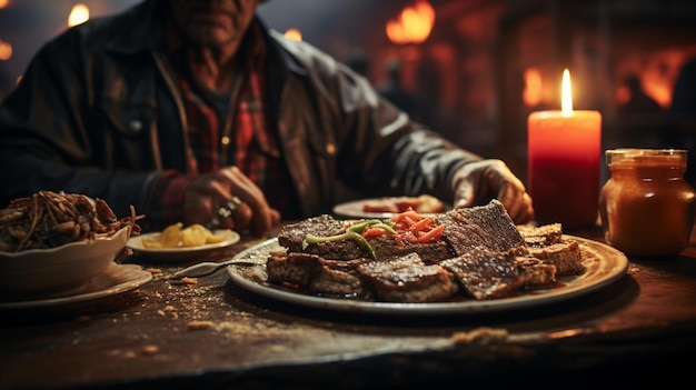 한 남자가 배경에  ⁇ 불이 있는 접시에 고기를 제공하고 있다.