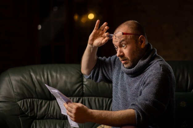 Photo a man is shocked by a paper letter bad news leading to stress tax increase bad communication black and white image