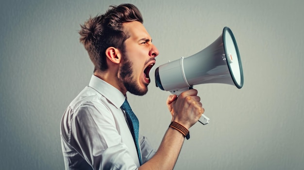 Photo man is shouting into a megaphone