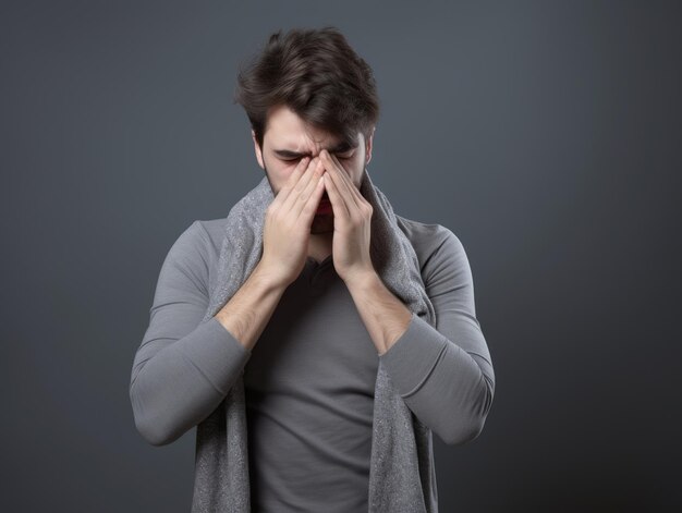 Man is shown suffering from cold with runny nose on grey background