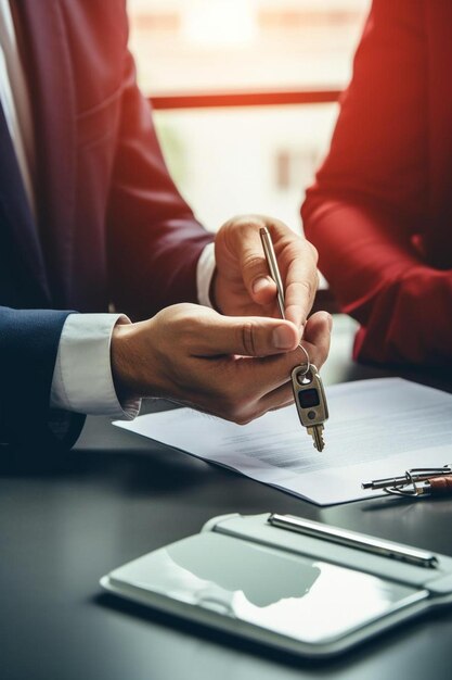 Photo a man is signing a contract with a key in his hand