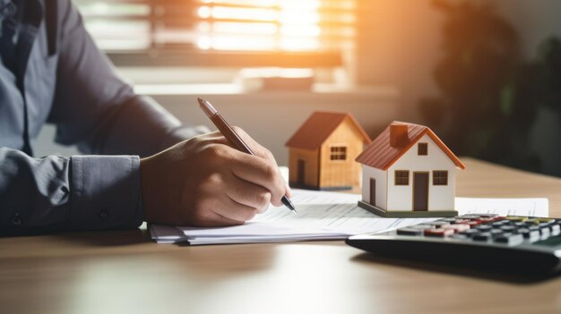 Man is signing a document next to a small model house and a calculator