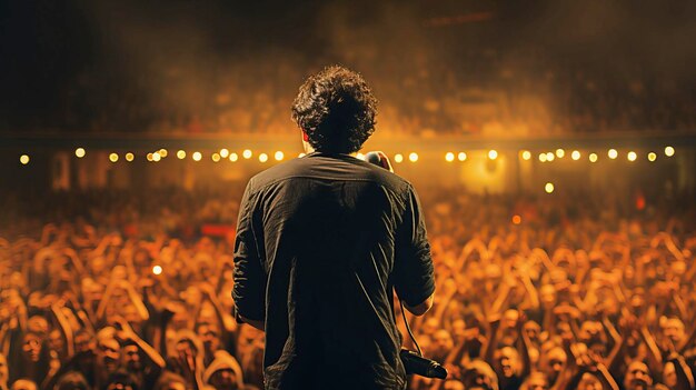 a man is singing into a microphone before a crowd