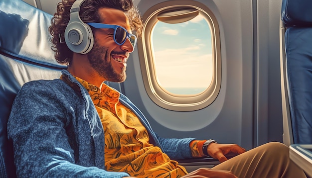 A man is sitting on an airplane and wearing headphones and looking out of the window.