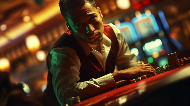 Photo a man is sitting at a bar with a red vest on