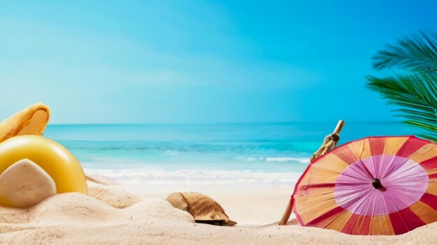 a man is sitting on a beach with a colorful umbrella