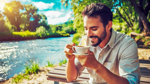 a man is sitting on a bench and drinking coffee