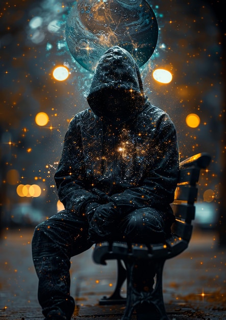 Man is sitting on bench in the night city street The face is hidden by hood Elements of this image are furnished by NASA