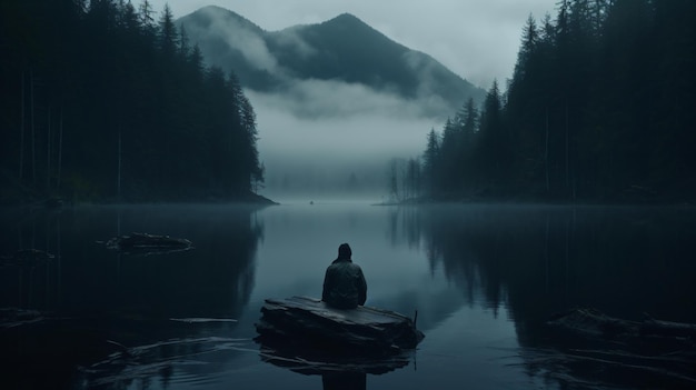 a man is sitting in a boat in the water with a mountain in the background.