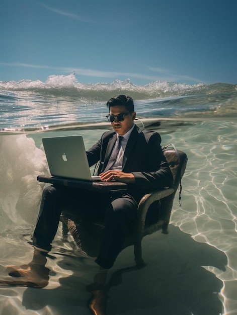 a man is sitting in a chair with a laptop on his lap.