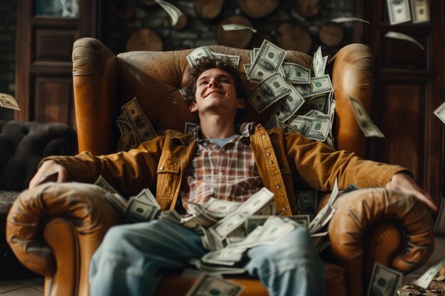 a man is sitting in a chair with many dollar bills on his lap