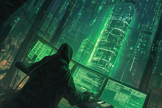 Photo a man is sitting at a computer desk working on his computer in front of a monitor a hacker breaking into an impenetrable fortress of code ai generated