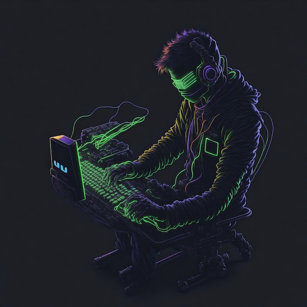 A man is sitting at a computer with neon lights on.