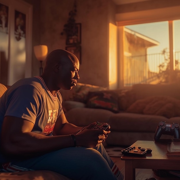 A man is sitting on a couch playing a video game.