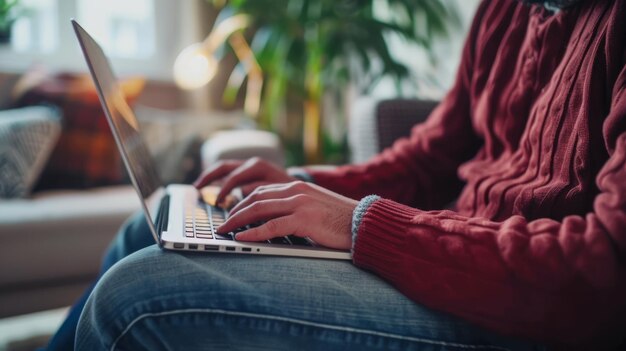 Photo a man is sitting on a couch and using his laptop