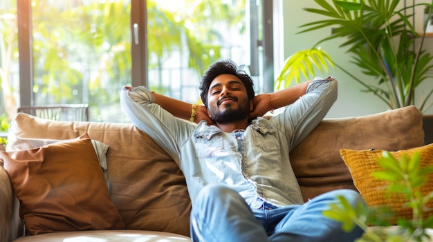 A man is sitting on a couch with his head on his hand