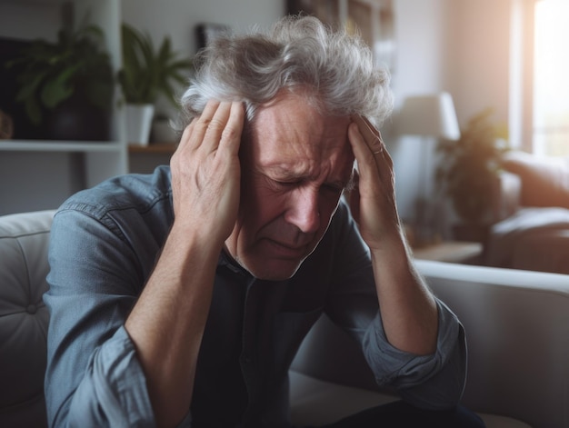 Photo a man is sitting on a couch with his head in his hands