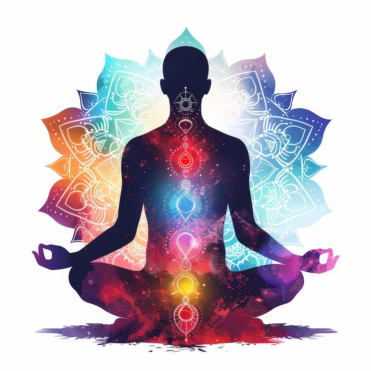 Photo a man is sitting cross legged with his hands on his knees