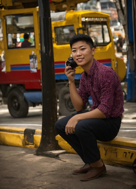 a man is sitting on a curb and holding a camera