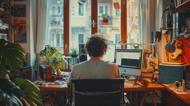 a man is sitting at a desk in front of a computer