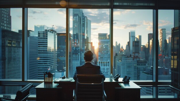 a man is sitting at a desk in an office with a view of the city skyline