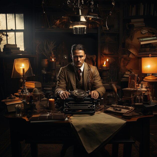 Photo a man is sitting at a desk with an old typewriter