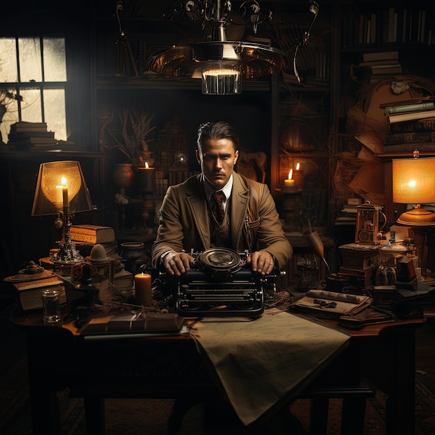 Photo a man is sitting at a desk with an old typewriter