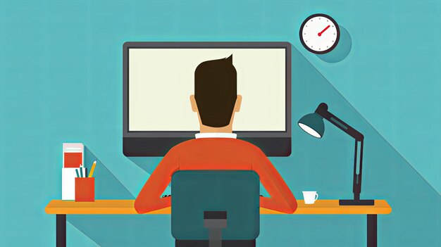 Photo man is sitting at desktop work the computer flat style illustration