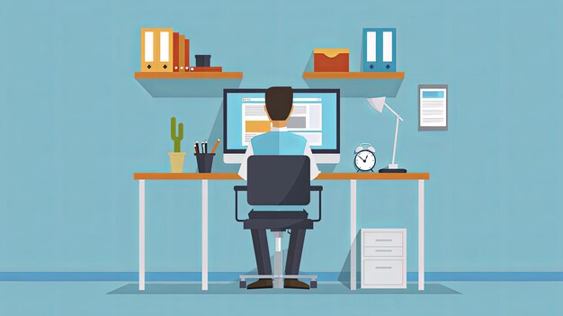 Man is sitting at desktop Work the computer Flat style illustration