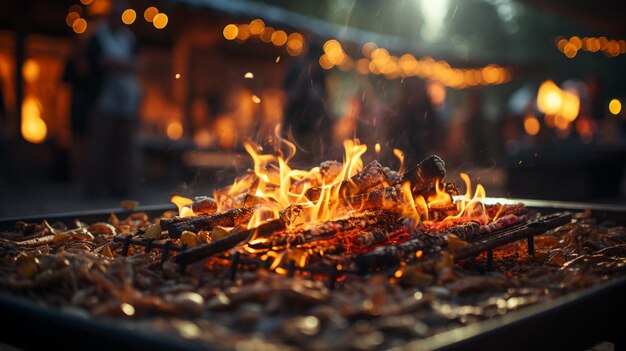 Photo a man is sitting at a fire and burning wood in a fireplace