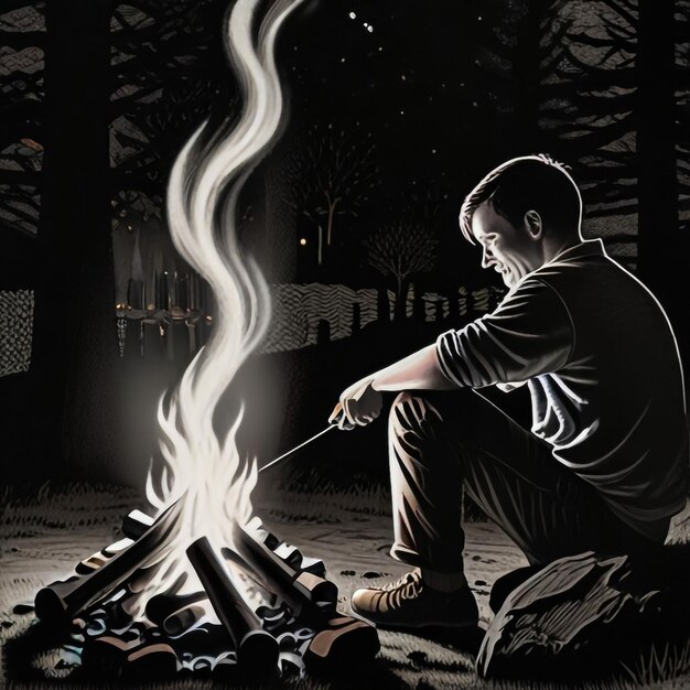 Photo a man is sitting at a fire with a knife in his hand