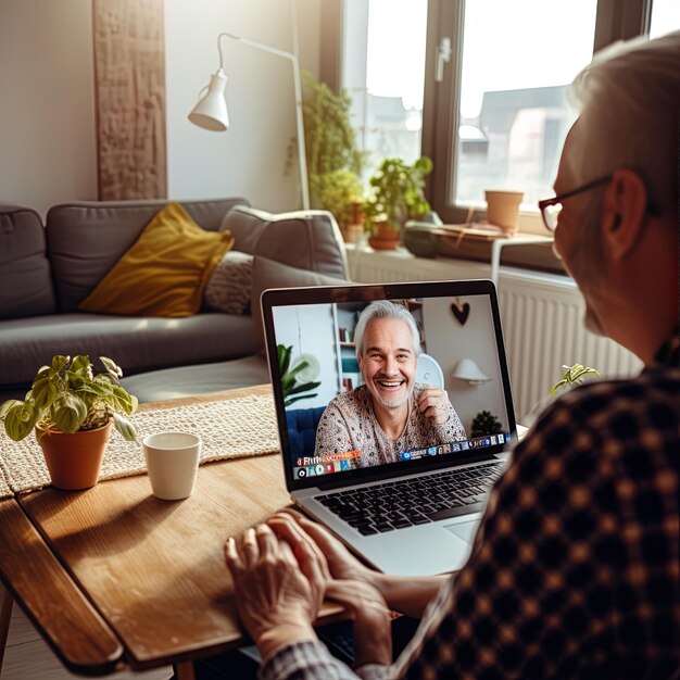 Photo a man is sitting in front of a laptop with a man on the screen