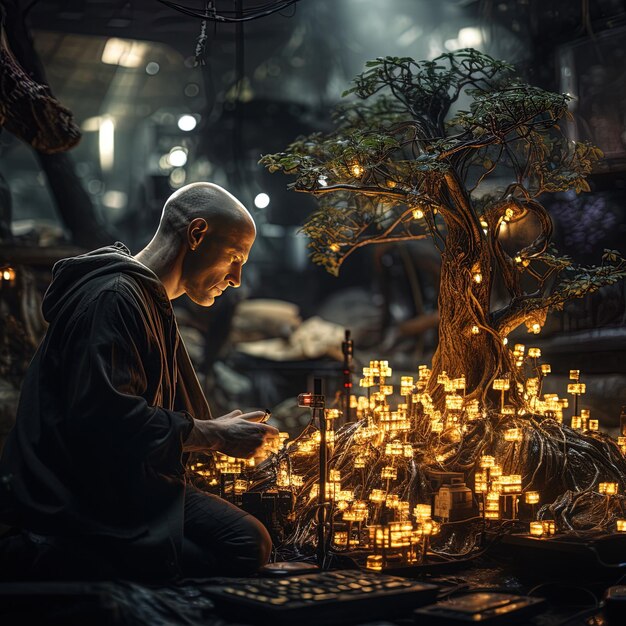 a man is sitting in front of a lit tree with lights around him