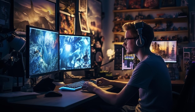 A man is sitting in front of two computer monitors smiling and looking happy