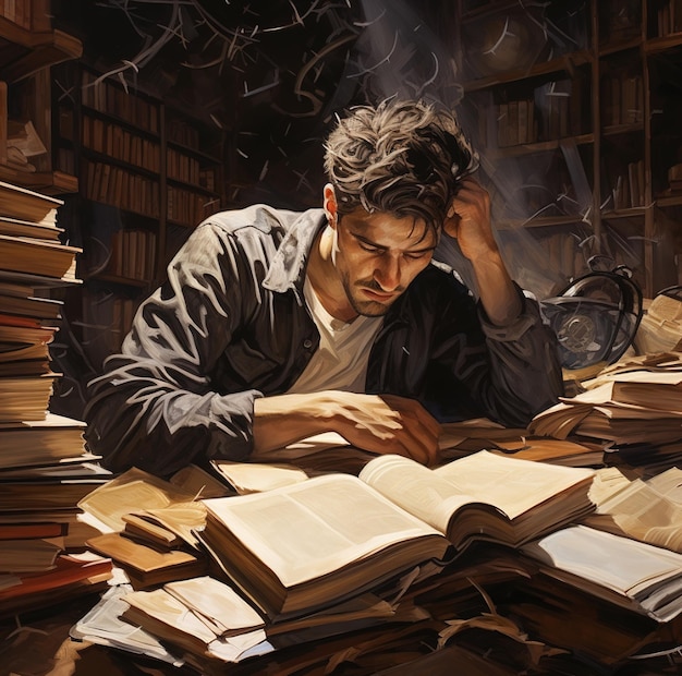 a man is sitting in a library with a book in his hand.