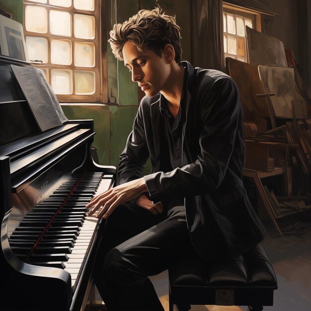 a man is sitting on a piano with a piano in the background